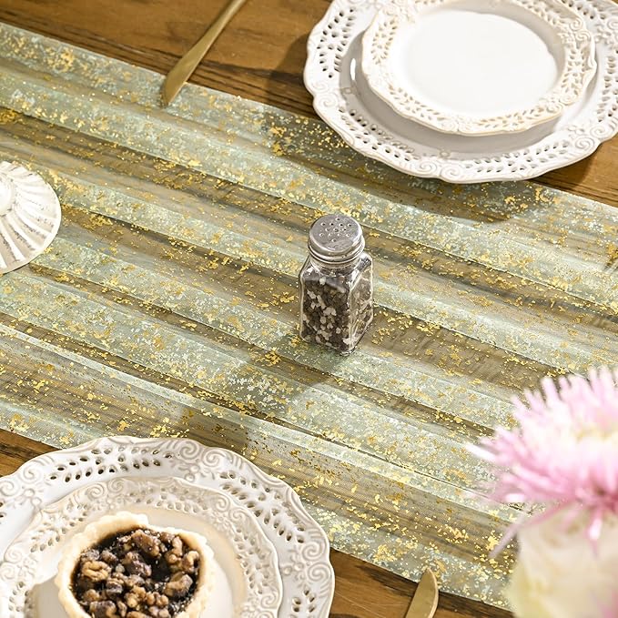 Artoid Mode 6PCS Sage Green Gold Gauze Table Runner 120 Inch 10FT, Glitter Metallic Foil Sheer Dining Wedding Anniversary Holiday Birthday Table Decor for Home Party
