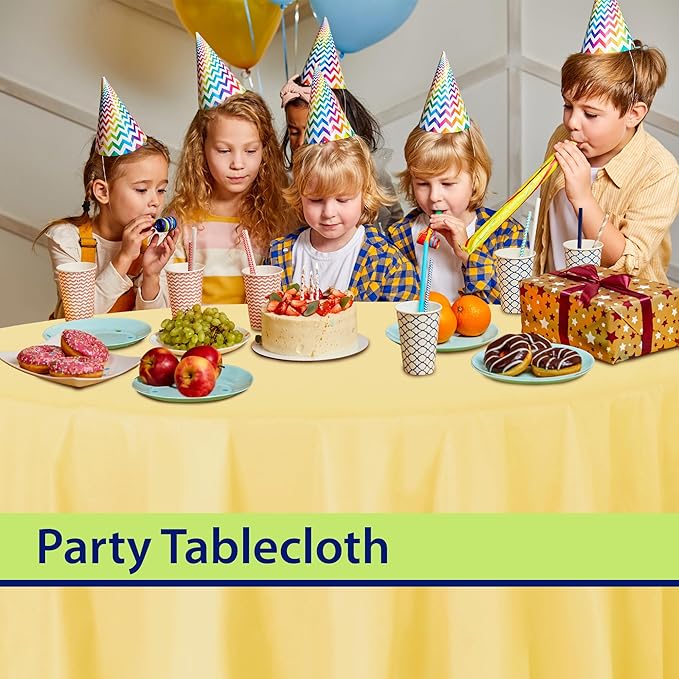 Party Dimensions Yellow Disposable Plastic Tablecloth for Round Tables (12 Pack) 84 inches Table Cloths for Parties, Events & Weddings, Indoors & Outdoors, Plastic Table Cover
