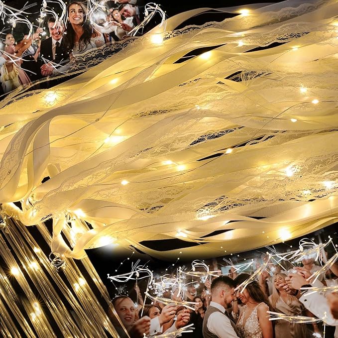 100 Pcs Wedding Wands Ribbon with 3 Colorful Flashing Modes, Light up LED Silk Fairy Wands, Glow Lace Stick with Bells for Wedding Reception, Graduation, New Year, Birthday Party (Warm White)