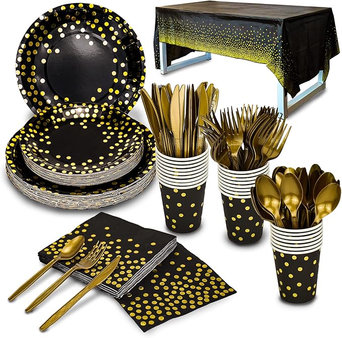 176 Pieces Gold Disposable Party Dinnerware Set &Golden Dot Disposable Party Dinnerware - Black Paper Plates Napkins Cups, Gold Plastic Forks Knives Spoons