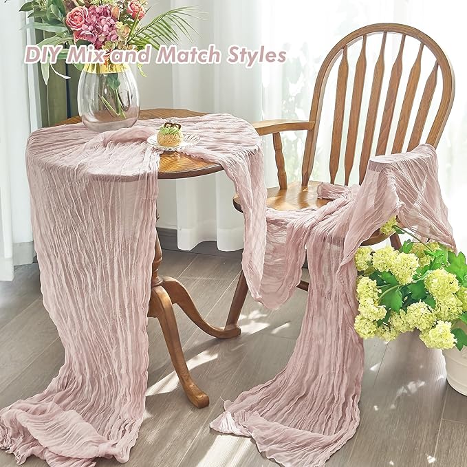 IVAPUPU 4 Pcs Cheesecloth Table Runner - 10ft Dusty Pink Easter Spring Boho Gauze Cheese Cloth Table Runners for Baby Shower Decoration Wedding Party Summer Garden Farmhouse Decor