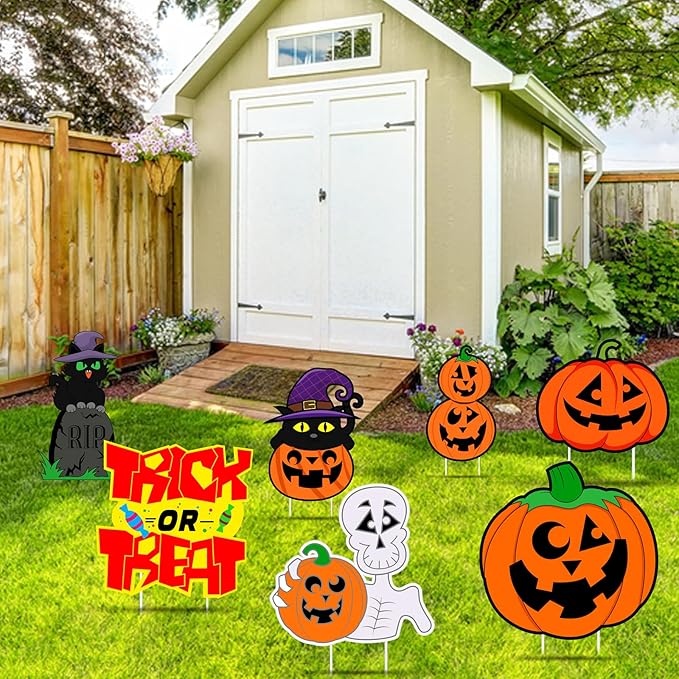 Halloween Pumpkin Decorations, Halloween Outdoor Yard Signs, Monster Stakes for Lawn Garden Decor with Pumpkin, Black Cat, Skull, TRICK OR TREAT 6 pcs