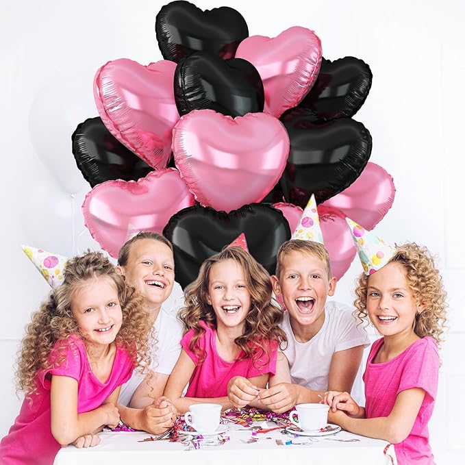 Pink Black Heart Balloons,12Pcs Light Pink Heart Shaped Foil Balloons,18Inch Black Pearl Pink Helium Balloon for Baby Shower Birthday Anniversary Wedding Party Decorations
