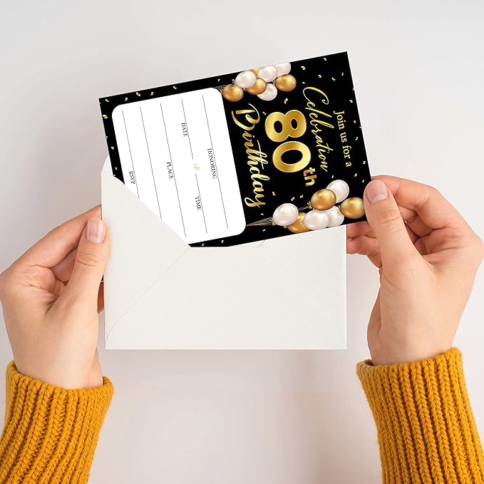 80th Birthday Invitation Cards with Envelopes - Classic Gold Theme Fill in The Blank Birthday Party Invite Cards, for Man, Woman Entertain Banquet Party Supplies, 20 Invites With Envelopes - B20