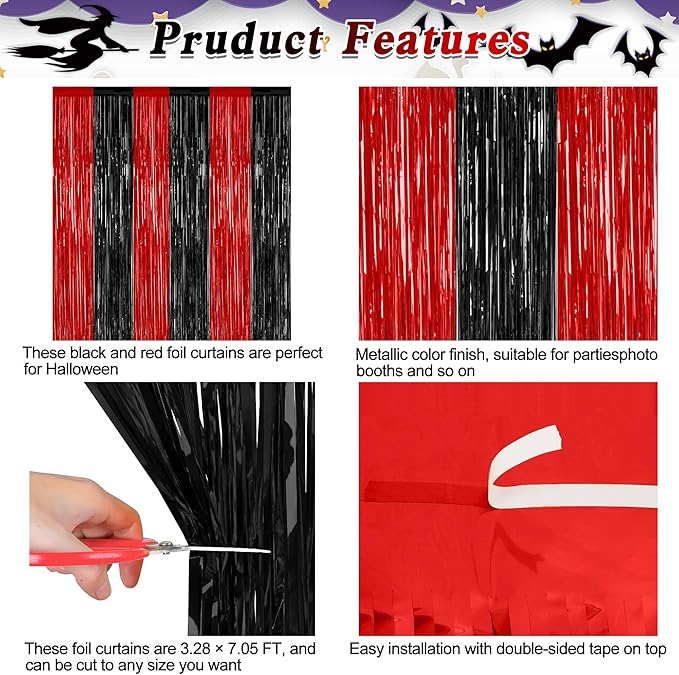 8 Pack Halloween Party Supplies, 3.28 FT x 7.05 FT Red and Black Foil Streamer, Metallic Fringe Curtains Tinsel Backdrop Party Streamer, Hanging Halloween Decorations Casino Party Decor