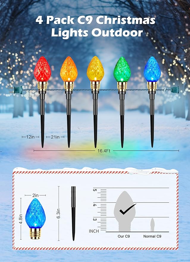 Brightown 4 Pack Strawberry C9 Christmas Pathway Lights Outdoor - Total 69.6 Feet 40 LED Christma Walkway Lights,Colored Bulb Christmas Light Outdoor Decorations for Lawn Holiday Outside, Multicolor