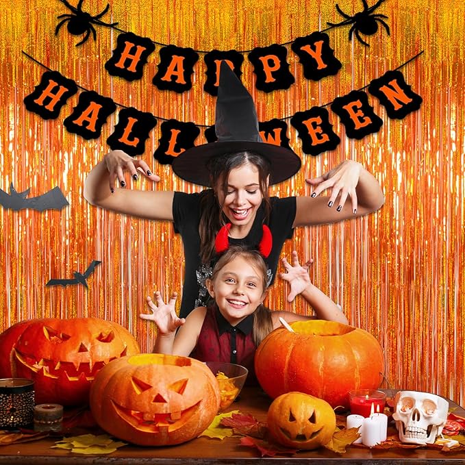 Melsan Orange Tinsel Backdrop Curtains, 3.2ft x 8.2ft Sparkle Metallic Foil Fringe Curtain for Basketball Thanksgiving Halloween Birthday Party Decorations, 2 Packs
