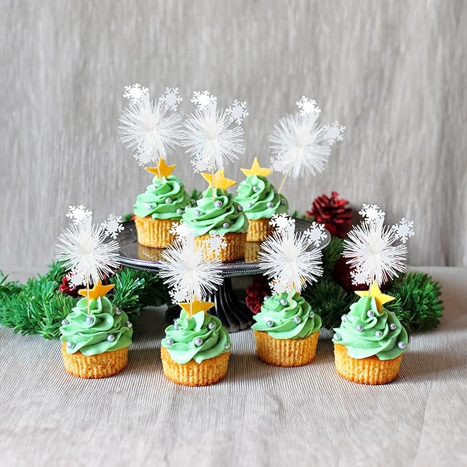 Gyufise 20Pcs Foil Firework Cupcake Toppers Sparkle Tinsel Cake Toppers Tinsel Drink Cake Decoration Cocktail Picks for Birthday Wedding Graduation Party Supplies White