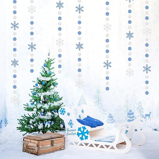 Snowflake-Snow Silver-Blue Christmas Party-Decorations Garland - 58Ft White Winter Wonderland Frozen Hanging Paper Streamers Banner,Birthday Baby Bridal Shower Wedding New Year Supplies Decor Ouruola