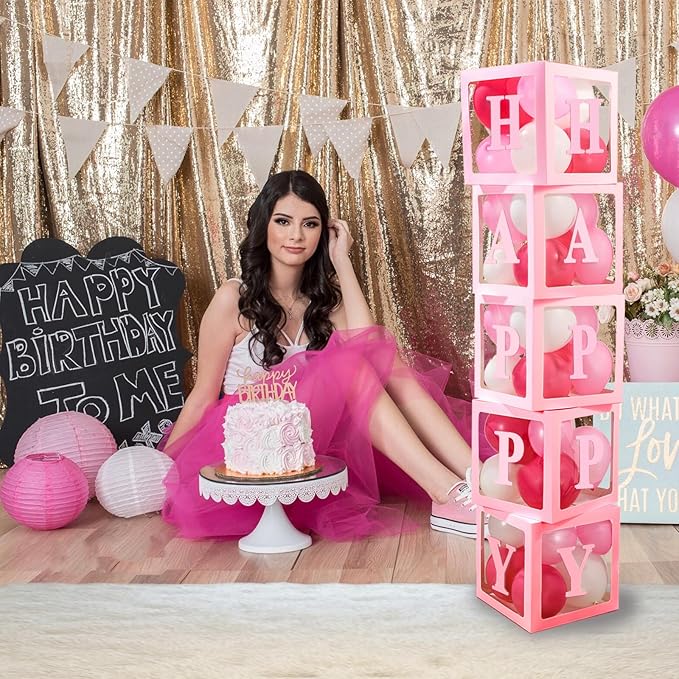 Ledido Transparent Balloon Boxes With 78 Letters, Pink Baby Boxes with Letters for Baby Shower Clear Letter Boxes for Party Wedding Birthday Baby Shower Decorations 5 PCS