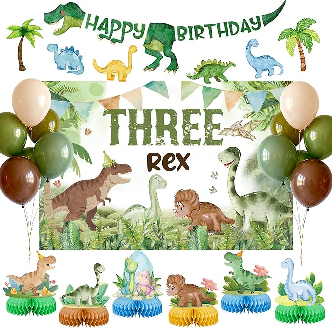 Three Rex Dinosaur Birthday Party Decorations, 3rd Birthdays Decoration for Boys Girls 3rex Dinosaurs Backdrop Honeycombs Balloons Banner Supplies for kids Dino Theme Party (Dinosaur)