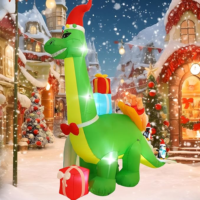 13FT Dinosaur and Santa Surfing Outdoor Inflatable Decoration with LED Lights, Suitable for Christmas Yard and Lawn Decorations