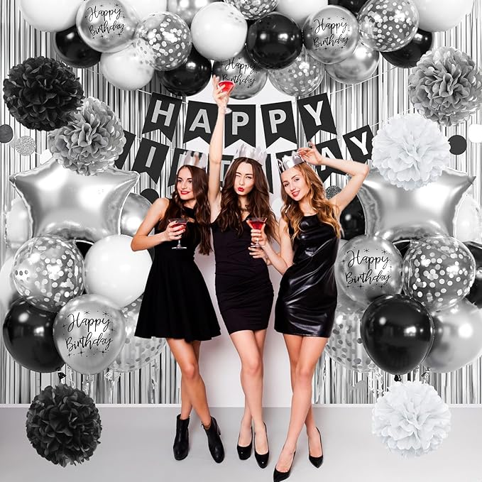 Black and Silver Birthday Decorations for Men Boys, Black White Silver Party Decorations Happy Bithday Banner Star Foil Balloon Fringe Curtain Pompom for Women Girls Party Supplies