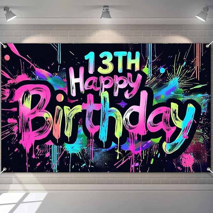 Neon 13th Happy Birthday Banner 71x43 Inch Paint Splatter Glow in The Dark Party Backdrop Colorful Wall Decor for Teens Boys Girls Thirteenth Birthday Celebrations Props Event Supplies