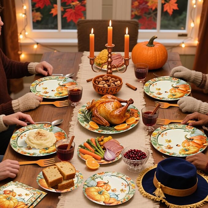 96 Pieces Fall Plates and Napkins Thanksgiving Tableware Set, Pumpkin Maple Leaf Disposable Dinnerware with Paper Plates, Napkins, and Forks for Thanksgiving Autumn Harvest Party Supplies- Serves 24