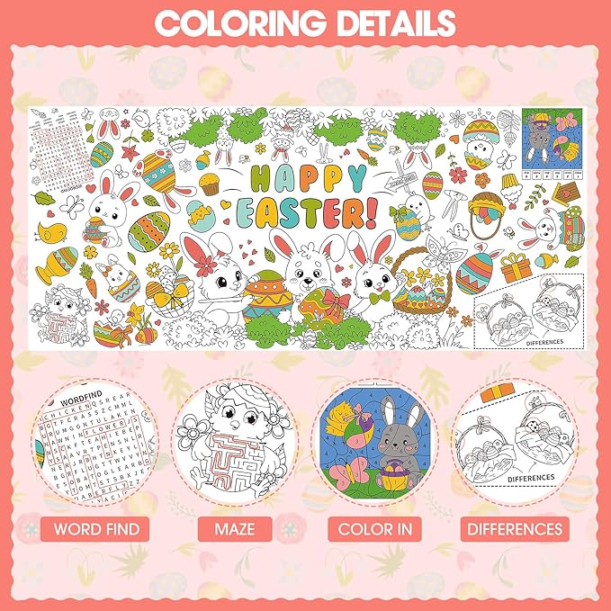 3 Pcs Giant Easter Coloring Poster, Large Happy Bunny Coloring Tablecloth, Jumbo Cute Spring Paper Coloring Table Cloth Banner for Easter Activities Games Party Supplies Favors Props, 31 x 72 Inch
