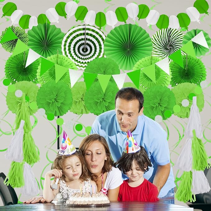 ZERODECO Party Decorations, 41 Pcs Green Papar Fans Pompoms Garlands String Tissue Paper Tassel for Fiesta Home Bridal Baby Shower Wedding Boy Girl Birthday Party