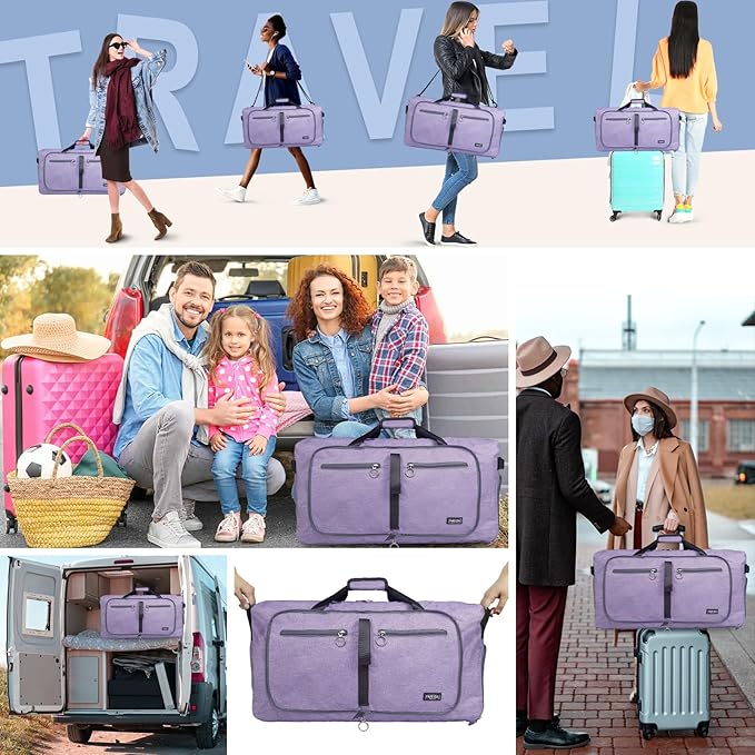 Fmeida 65L Duffle Bag with Shoes Compartment, Foldable Travel Duffel Bags for Men Women, Large Packable Travel Bag Water Repellent & Tear Resistant (Purple)