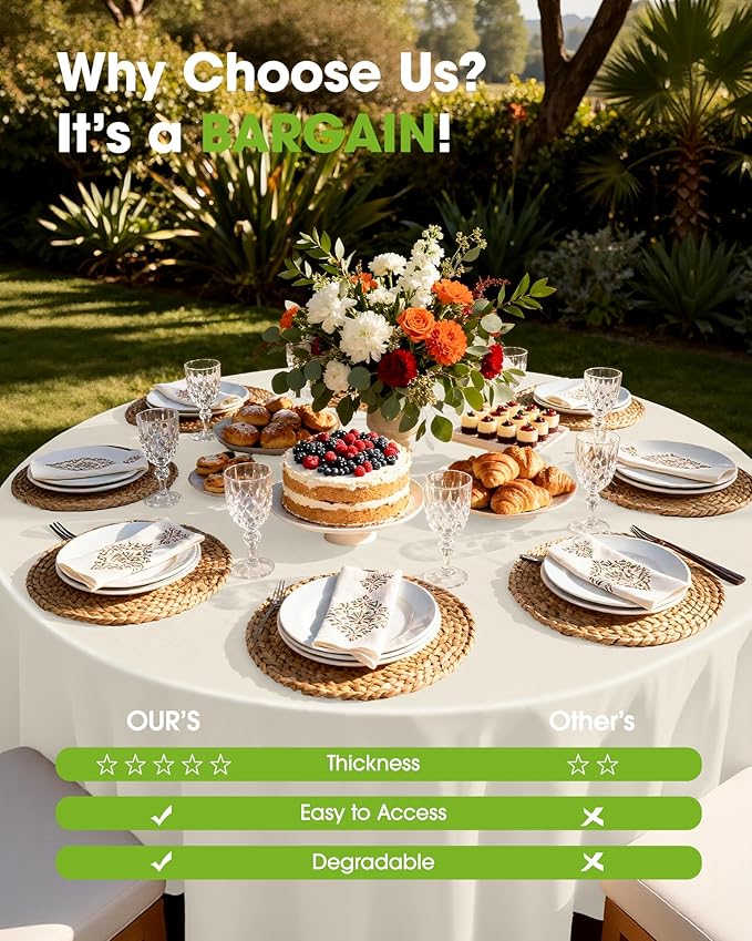 Pureegg Plastic Table Cloth Disposable 8 Pack, 84'' Round Table Cloths, Party, Wedding, Thanksgiving Decorations, Fall Tablecloths, Round, Beige Plastic Cover, Leakproof & Sturdy, Cream, Ivory