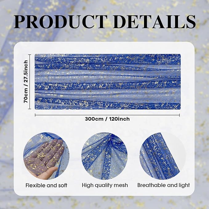 Artoid Mode 3PCS Blue Gold Gauze Table Runner 120 Inch 10FT, Glitter Metallic Foil Sheer Dining Wedding Anniversary Holiday Table Decor for Home Party