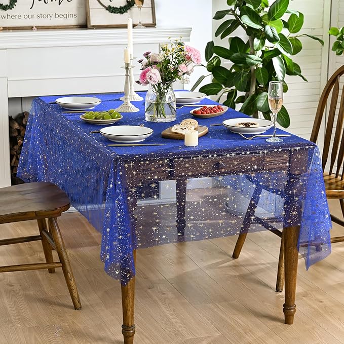 Horaldaily Royal Blue Gold Sparkling Star Gauze Tablecloth 52x70 Inch Rectangular, Golden Star Sequin Glitter Metallic Foil, Sheer Tulle Cheesecloth for Wedding Baby Shower Party