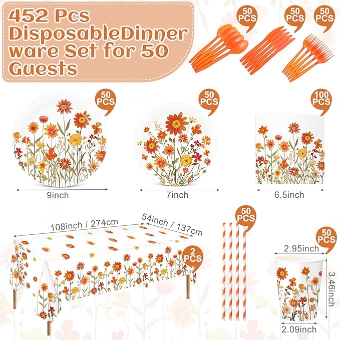 452 Pcs Fall Floral Party Supplies Orange Wildflower Tableware Set, Fall Floral Paper Plates Napkins Cups Tablecloth Cutlery Straw for Thanksgiving Autumn Harvest Wedding Birthday Decoration