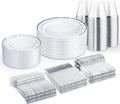 WELLIFE 300 PCS Silver Dinnerware Set for 50 Guests, Silver Plastic Disposable Plates for Party, 50 Dinner Plates, 50 Salad Plates, 50 Cups Forks Knives Spoons for Wedding and Party Anniversary