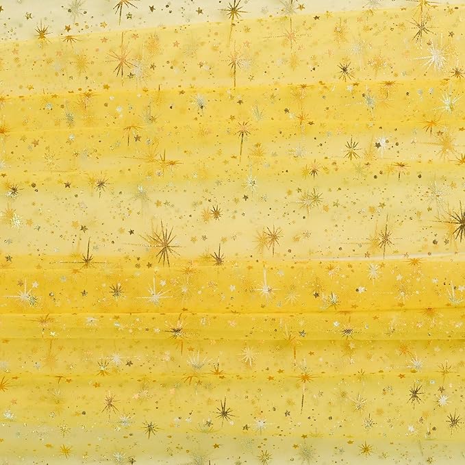 Horaldaily Yellow Gold Sparkling Star Gauze Tablecloth 60x104 Inch Rectangular, Golden Star Sequin Glitter Metallic Foil, Sheer Tulle Cheesecloth for Wedding Baby Shower Party