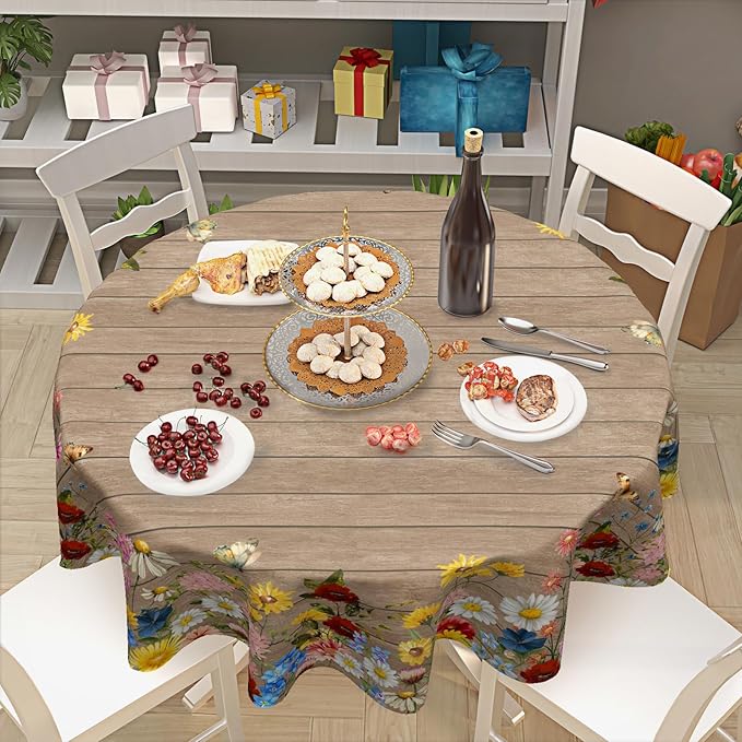 Spring Summer Round Tablecloth 70 Inch Vintage Floral Brown Wood Circle Table Cloth Farmhouse Table Cover Washable Polyester Indoor Decorations for Home Kitchen Dinning Party