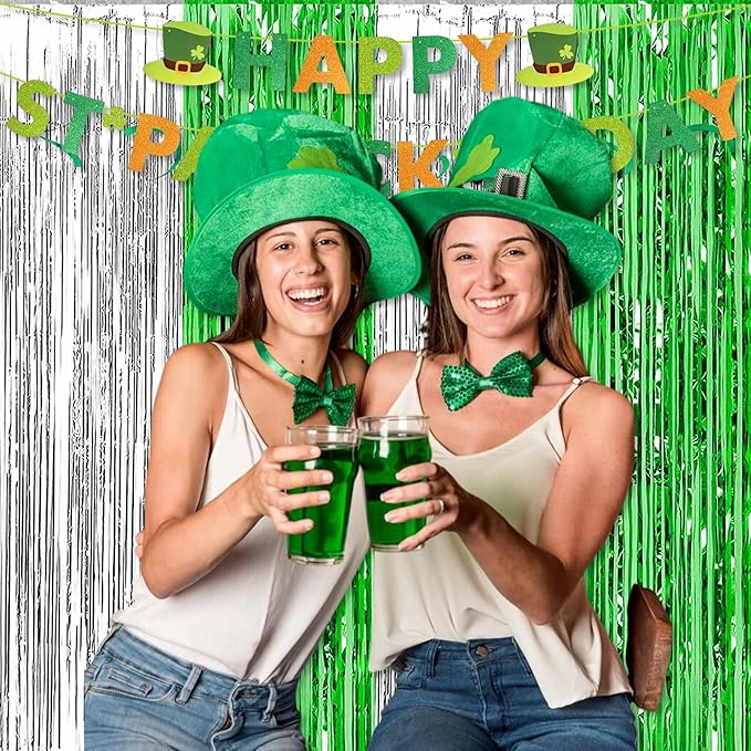 6 Pack Silver Green Foil Fringe Curtains Backdrop, 3.28 x 9.8 Ft Metallic Streamers Tinsel Curtains Background for Photo Booth, Birthday, Halloween, Christmas, Thanksgiving, New Year Party Decorations