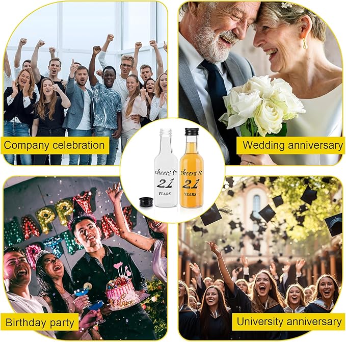 Bokon 50 Pcs Cheers to 21 Years Birthday Party Mini Liquor Bottles 1.7 oz Mini Wine Bottles for Guests Women Men 40th Birthday Anniversary Wedding Celebration Party Favors