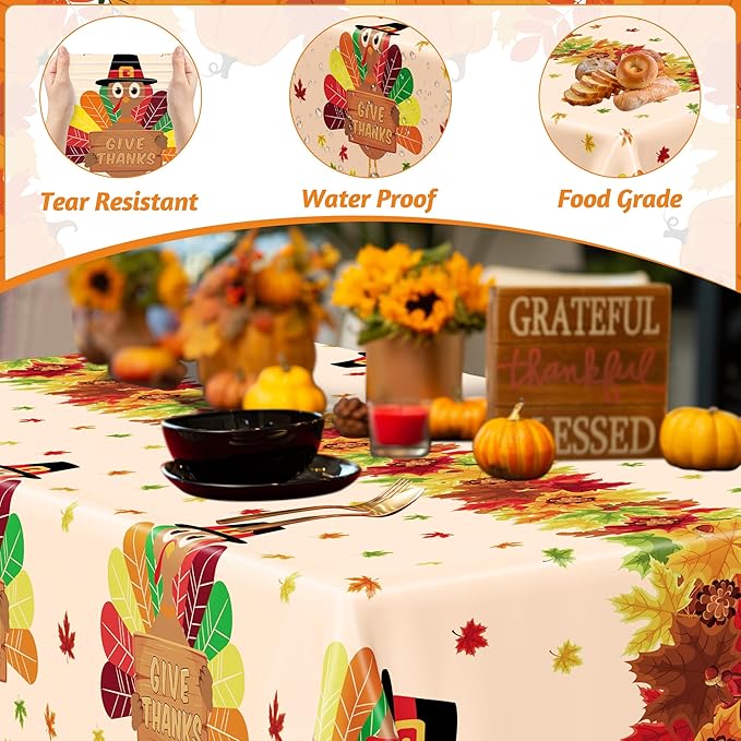 QZYL 3 Pack Thanksgiving Tablecloths, 54" x 108" Fall Disposable Table Cloth, Maple Leaves Turkey Tablecloth Rectangle Plastic Tablecover, Thanksgiving Table Decor Fall Decorations for Home