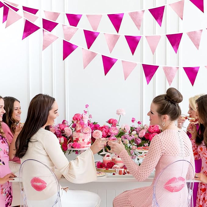 Hot Pink Party Decorations Metallic Fabric Gradient Pink Triangle Pennant Banner Flag Bunting Garland for Women Girl Birthday Retirement Bridal Shower Wedding Baby Shower Bachelorette Party Supplies