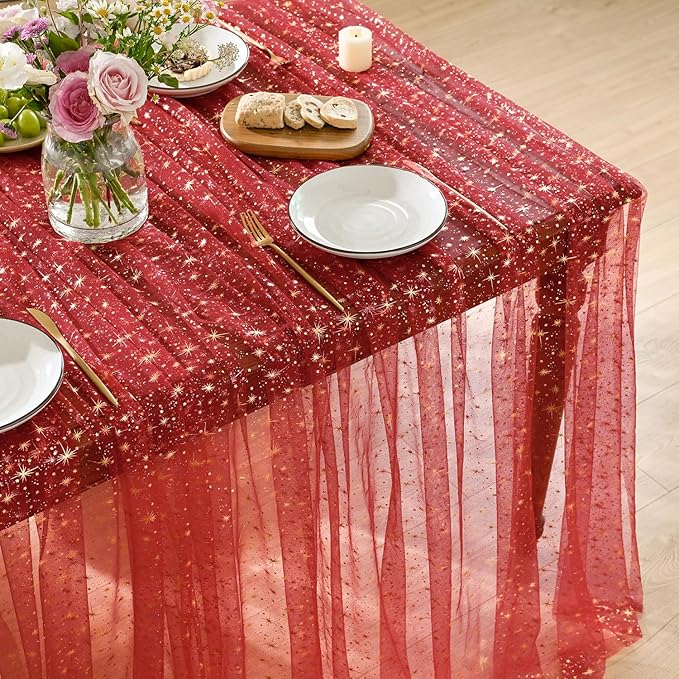 Horaldaily Red Gold Sparkling Star Gauze Tablecloth 60x104 Inch Rectangular, Golden Star Sequin Glitter Metallic Foil, Sheer Tulle Cheesecloth for Wedding Baby Shower Party