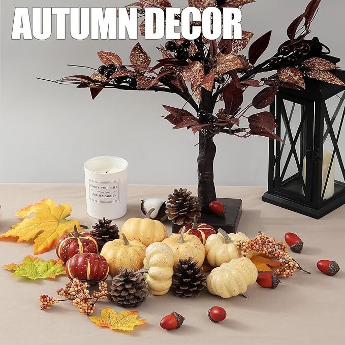 Artgar Pumpkin Decor Set, 23 PCS Fall Harvest Decorations Including Mini Pumpkins, Acorns, Pinecones, Berries, Maple Leaves for Home Table Wedding DIY Fall Halloween Thanksgiving Decor