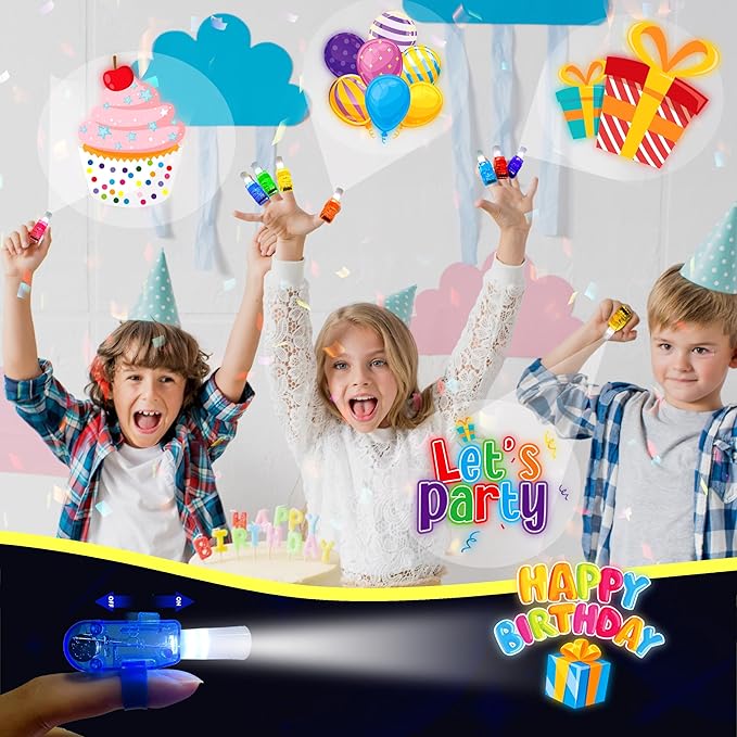 24PCS Happy Birthday Party Favors-LED Finger Lights：Glow-in-the-Dark Light-Up Toys Bulk for Kids,Colorful Birthday Theme Birthday Party Decorations Supplies,Goodie Bags, Classroom Prizes, Fun Gifts