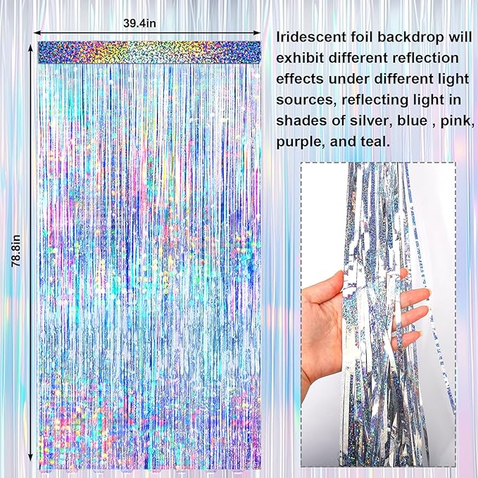 4 Packs Silver Foil Fringe Curtain, Silver Glitter Metallic Tinsel Backdrop for Birthday, Wedding, Baby Shower, Bachelorette, 70s 80s 90s Theme Disco Party, Iridescent Party Decorations Supplies