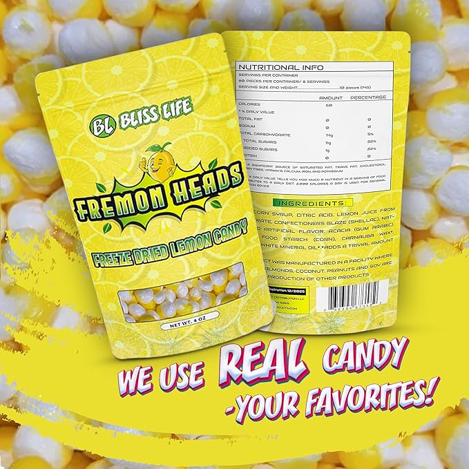 Fremon Heads Freeze Dried Lemon Fruit Candy from TikTok, ASMR Crunchy Candy, Sweet and Sour Kids Snacks, Unique Novelty Snack for Kids 4OZ