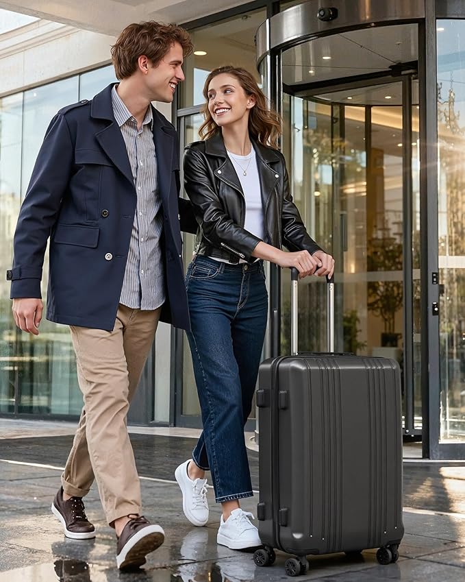 Coolife Luggage PC+ABS Hardshell Suitcase with TSA Lock, Spinner Checked Lightweight (navy, M(24IN))