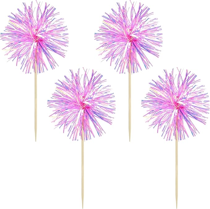 Gyufise 30Pcs Foil Firework Cupcake Toppers Sparkle Tinsel Cake Toppers Tinsel Drink Cake Decoration Cocktail Picks for Birthday Wedding Graduation Party Supplies Laser Rose Red