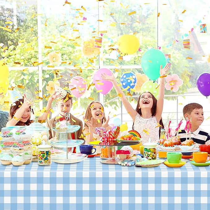2 Pcs Light Blue Checkered Tablecloth 54 ×108 Inches Rectangle Blue Gingham Tablecloth Disposable Plastic Waterproof Table Cover for Outdoor Picnic, Kitchen, Holiday Birthday Party