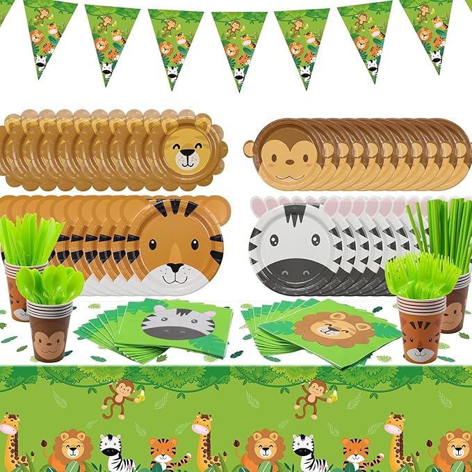 162Pcs Jungle Party Supplies- Include Animal Shape Plates, Jungle Tablecloth, Safari Flag, Napkins, Cups, Cutlery, Safari Theme Party Supplies for Kids Birthday Baby Shower Wild One, Serves 20 Guests