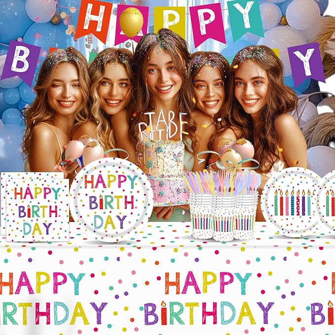 142pcs Happy Birthday Party Supplies Set with Colorful Polka Dots Design- Includes Disposable Paper Birthday Plates and Napkins, Cups, Tablecloth, and Banner，Dots Party Supplies Serves 20 Guests
