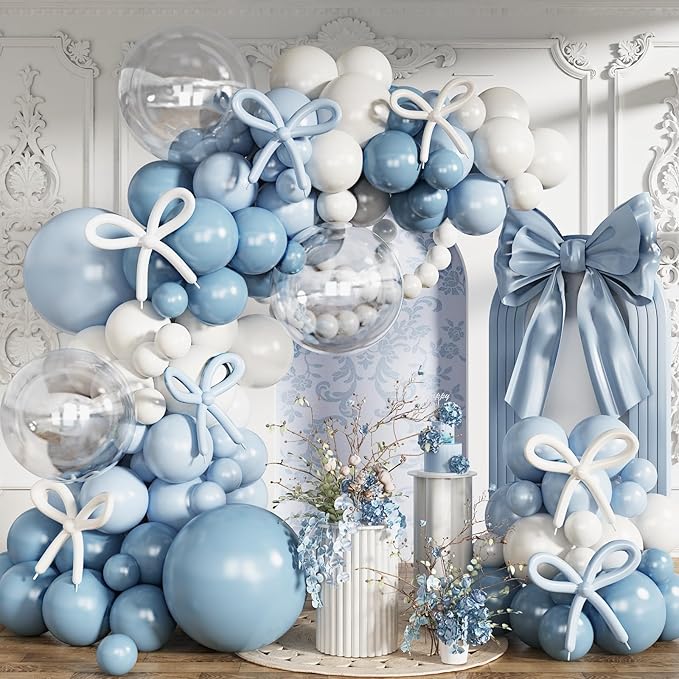 Dusty Blue Balloons Arch Kit, 134 Pcs Muted Light Baby Slate Blue and White Balloon Garland mit 18 Inch Pale Clear Balloon *5, Long Balloon as Bow Decor for Baby Shower Boy Gender Reveal Wedding