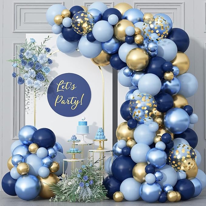 Blue Gold Balloons Garland Arch Kit, Navy Blue Light Blue Metallic Gold Blue Balloon Arch Kit, Macaron Blue Gold Confetti Balloon for Birthday Wedding Graduation Baby Shower Party Decorations
