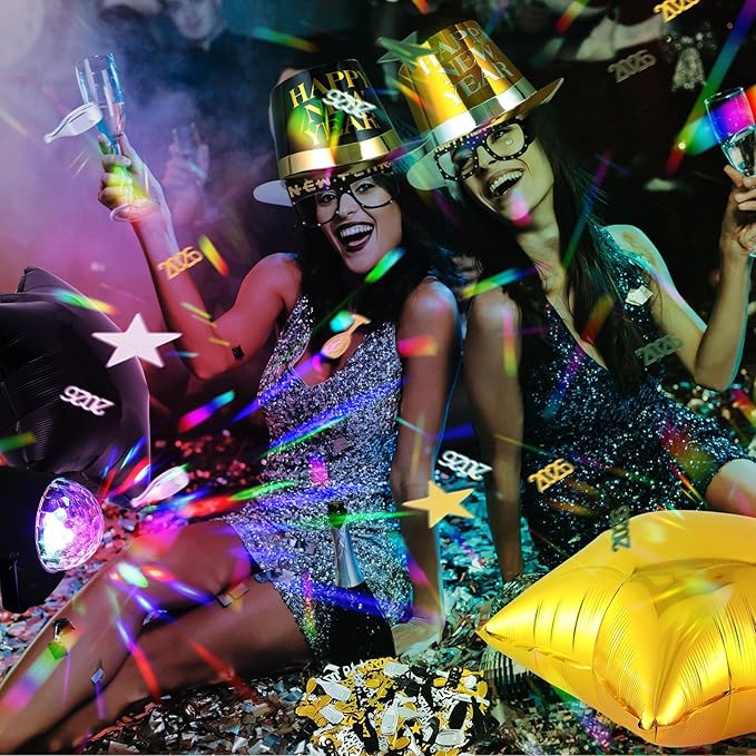 Junkin 124 Pcs New Years Eve Party Supplies 2026 Kit for 18 Guests Include Hats Glasses Blowouts Trumpet Balloons Banners Fringe Curtain Ambient Lights New Years Decorations Party Favors