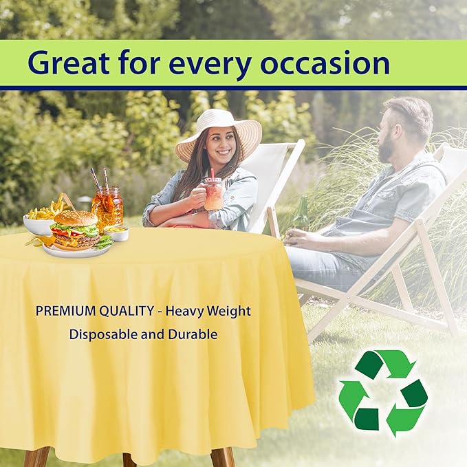 Party Dimensions Yellow Disposable Plastic Tablecloth for Round Tables (12 Pack) 84 inches Table Cloths for Parties, Events & Weddings, Indoors & Outdoors, Plastic Table Cover