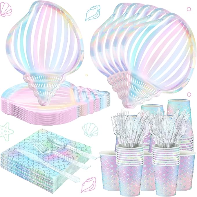 144 Pcs Mermaid Party Supplies Tableware Mermaids Themed Decorations Under the Sea Party Dinnerware Set Includes Plates Napkins Cups Spoons Fork Knives for Baby Shower Birthday Party(Elegant Style)