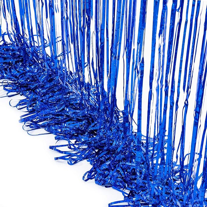 BRAVESHINE Blue Tinsel Foil Fringe Curtains - 2Pcs 3.2x8.2 ft Metallic Holidays Photo Backdrop for Boys Men Birthdays Homecoming Bachelor Bachelorette Engagement Sea Theme Ramadan Party Decorations
