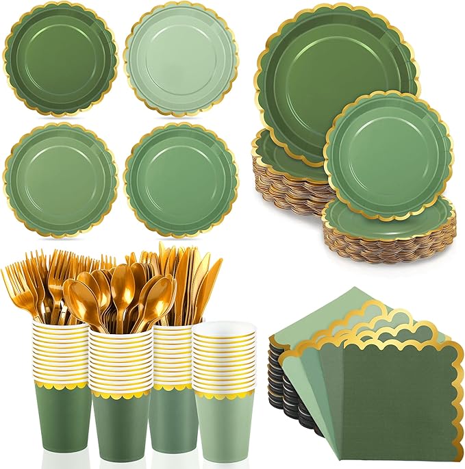 Kochorie 140 PCS Sage Green Party Supplies for 20 Guests Disposable Dinnerware Set Includes Scalloped Plates Napkins Cup Cutlery Tableware Set for Birthday Party Wedding Baby Shower Picnic